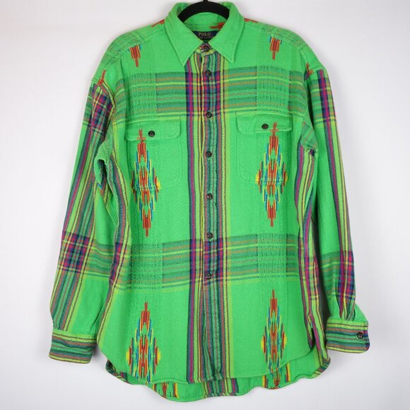 Polo Ralph Lauren Green Double-Pocket Southwestern Flannel Shirt, Size Large